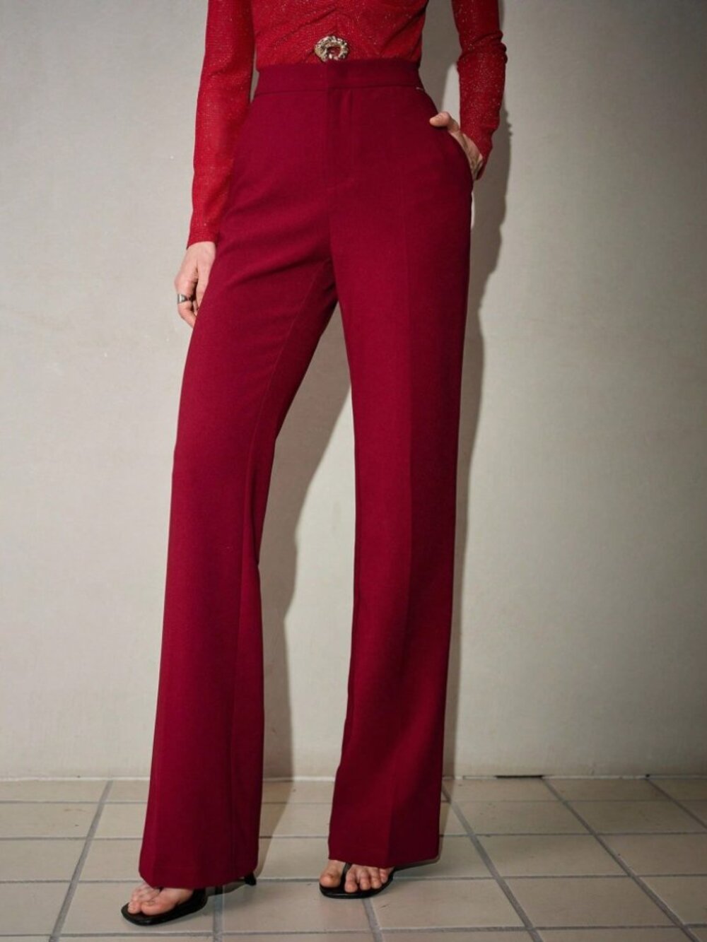 Burgundy High-Waist Wide Leg Trousers